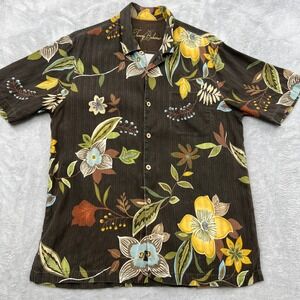 Tommy Bahama Floral Hibiscus Camp Shirt Size M Brown Mens Silk Blend Tropical